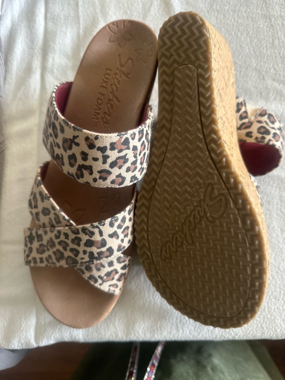 Skechers Leopard Print Wedge Sandals in Tan and Pink